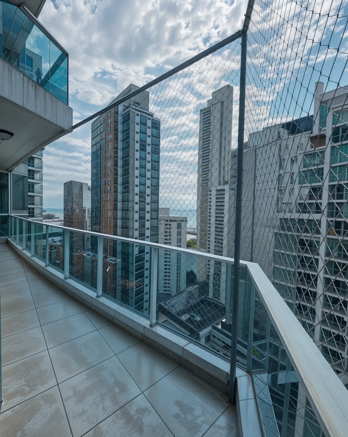 Terraza con malla de seguridad instalada frente al horizonte de Ciudad de Panamá